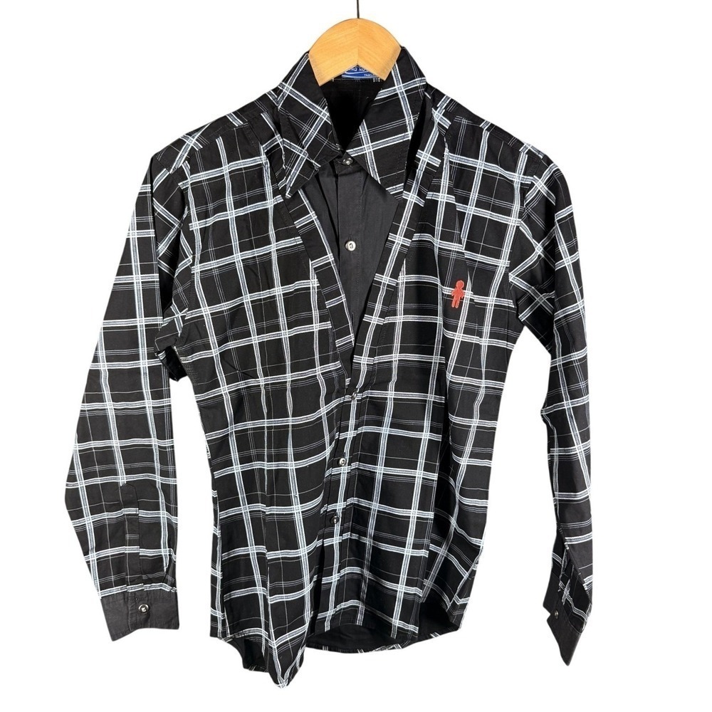Nong Nut Button Up Shirt Mens Black White Plaid Long Sleeve Red Figure Logo